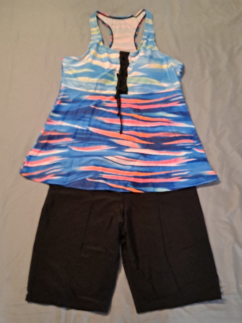 Blue & Pink Striped Racerback Tankini Top with Black Swim Shorts Size XL